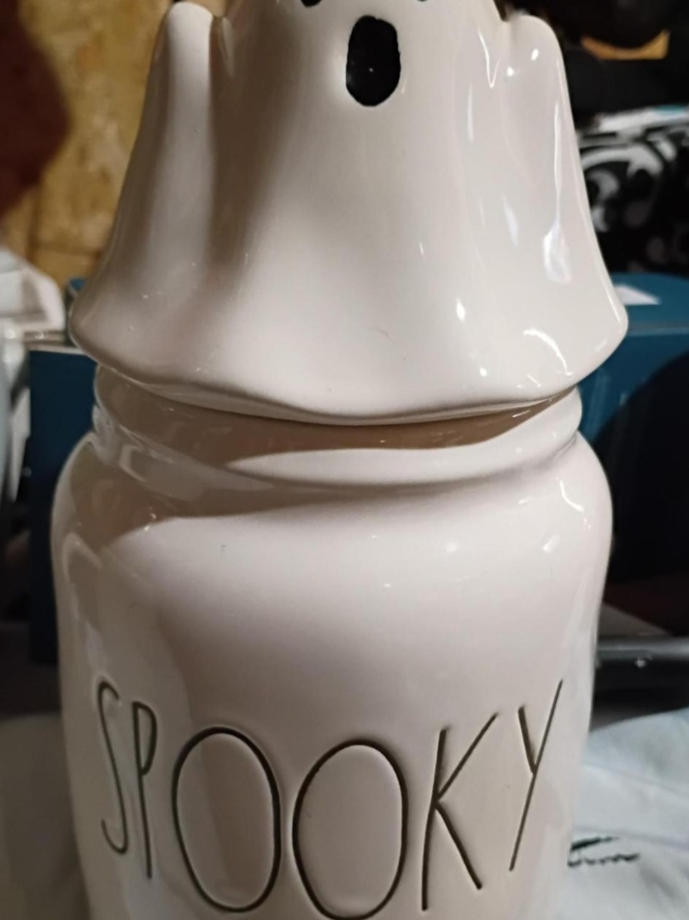Rae Dunn White Ceramic 'Spooky' Ghost Canister with topper